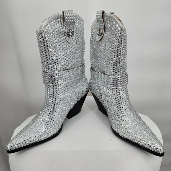 AZALEA WANG Federica Silver Crystal Shortie Western Cowgirl Boots 6-10 NWT - Picture 9 of 10